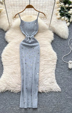 Sexy Knitting Split Long Dress Sleeveless - Piña Colada