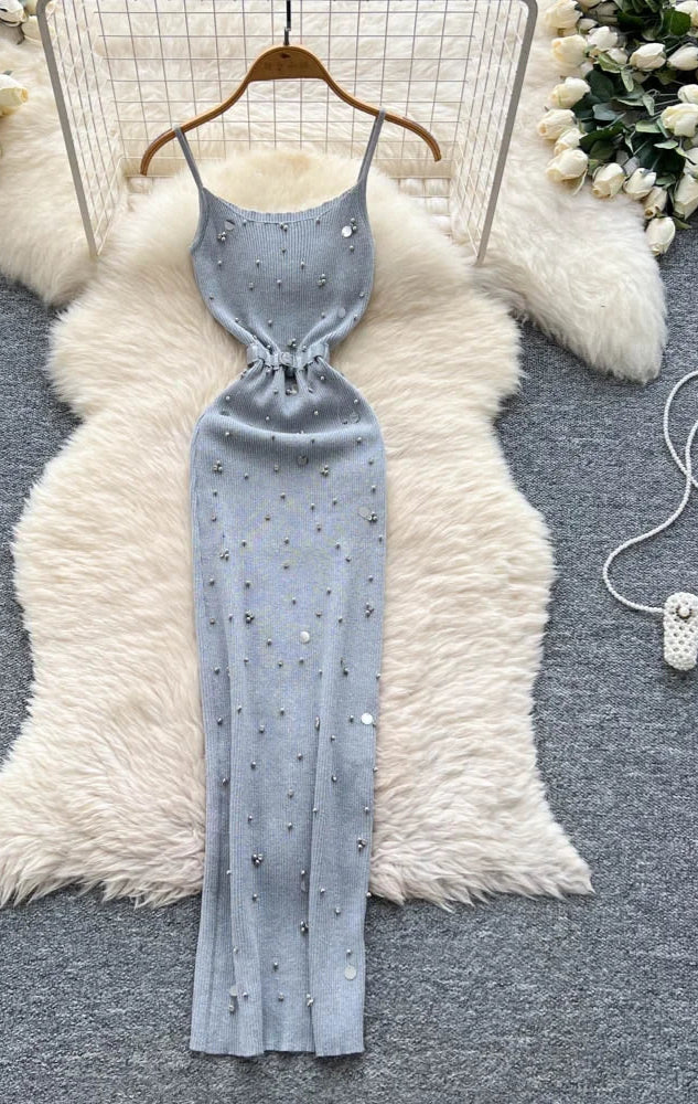 Sexy Knitting Split Long Dress Sleeveless - Piña Colada