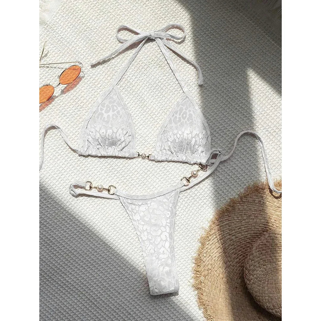 Leopard Pearl Mini Thong Bikini - Piña Colada