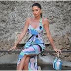 Chic Print Sling Long Dress Women Sleevless Backless - Piña Colada