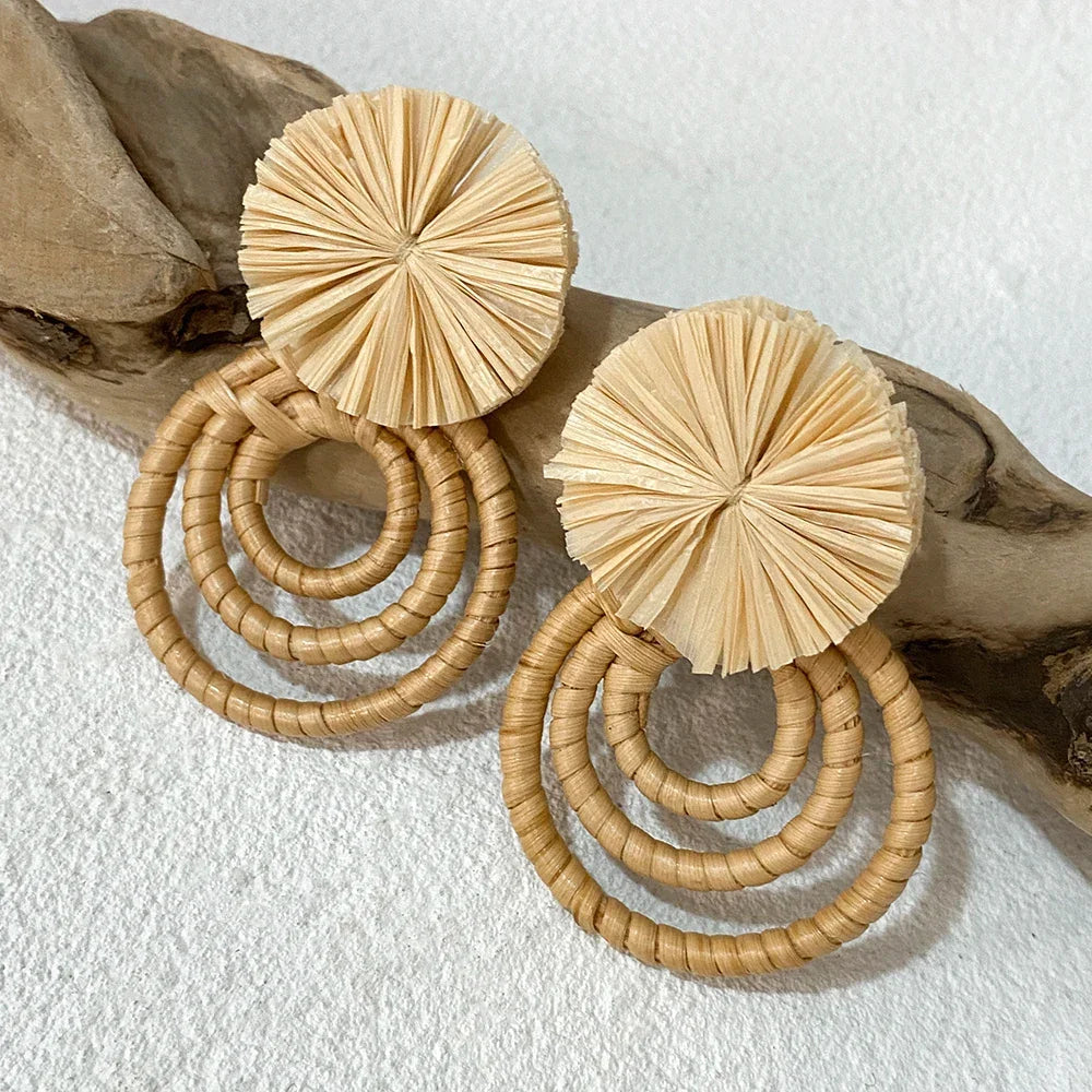 Handmade Two Tone Rattan Knit Wrapped Round Drop Earrings for Women - Piña Colada