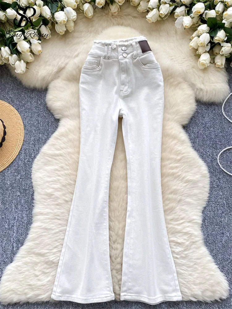 High-Waisted Flared Denim Pants with Faux Zippers – Streetwear Style - Piña Colada