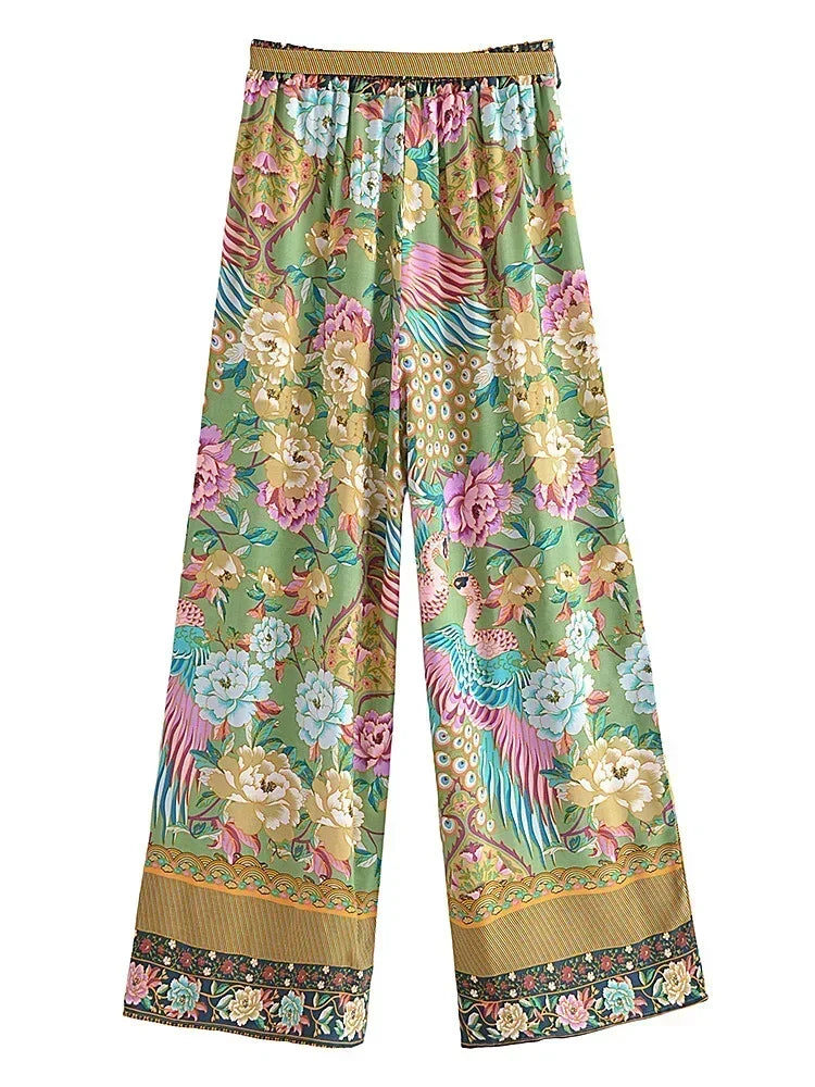 Peacock Floral Print Bohemian Wide Leg Pants - Piña Colada