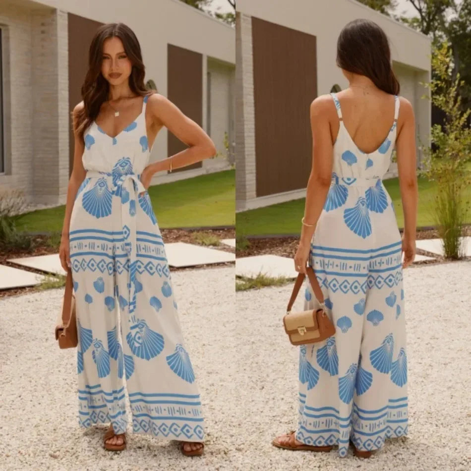 Woman Jumpsuits Elegant Summer Printed V Neck Sleeveless - Piña Colada