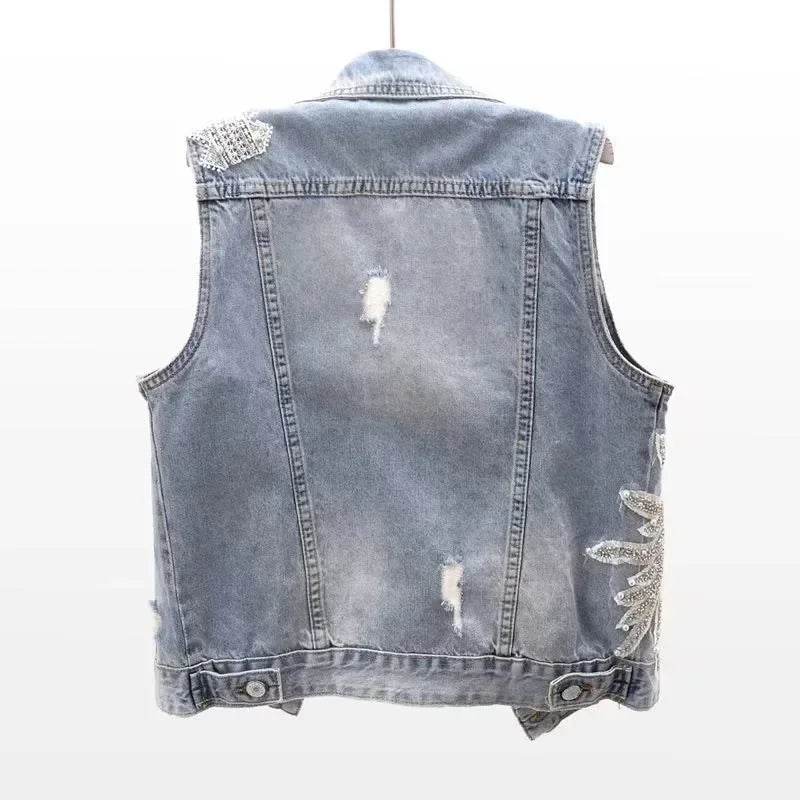 Beaded Lace Denim Vest - Piña Colada