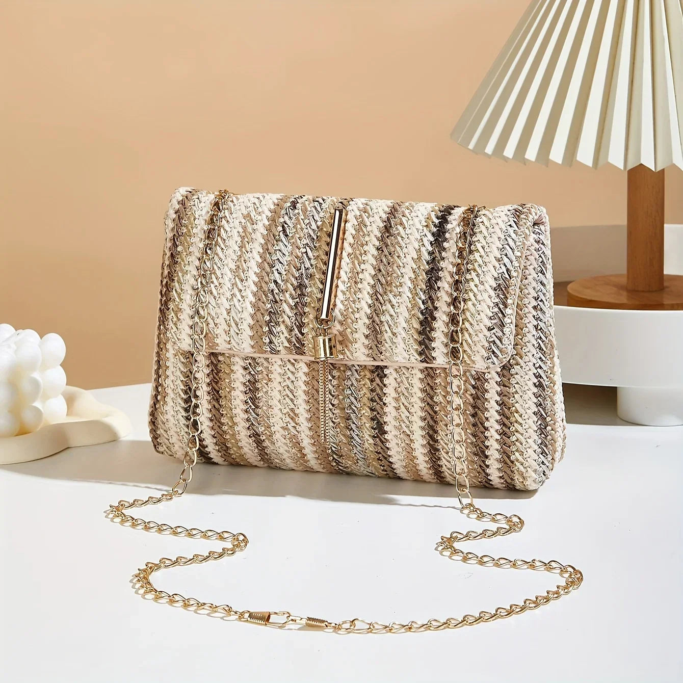 Chic Rainbow Stripe Straw Crossbody - Piña Colada