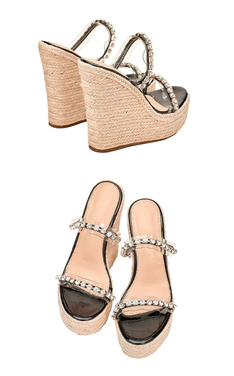 Crystal Wedge Slide Sandals – Elegant PU Platform Mules - Piña Colada