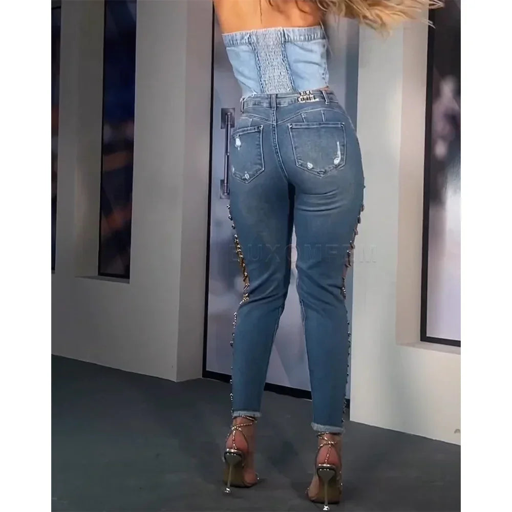 High Street Hollow Out Skinny Jeans with Metal Details - Piña Colada