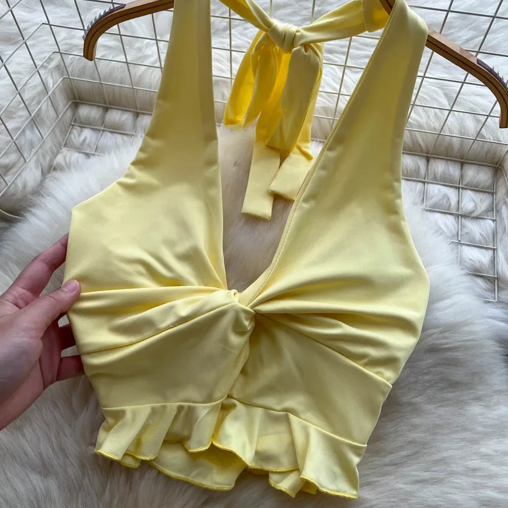 Ruffled Halter Top & Long Skirt Set - Piña Colada