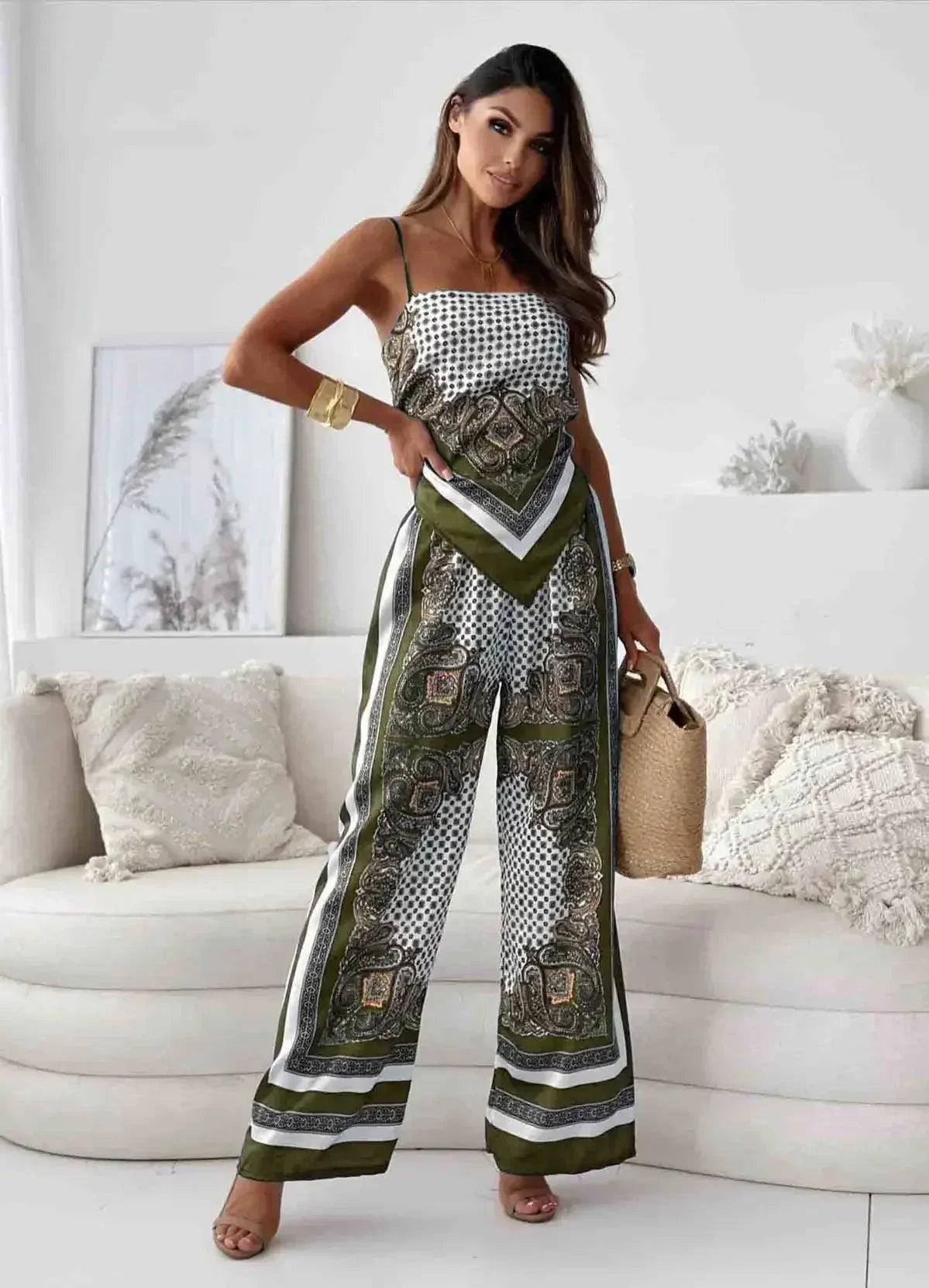 Satin Print Lace-Up Top & Wide-Leg - Piña Colada