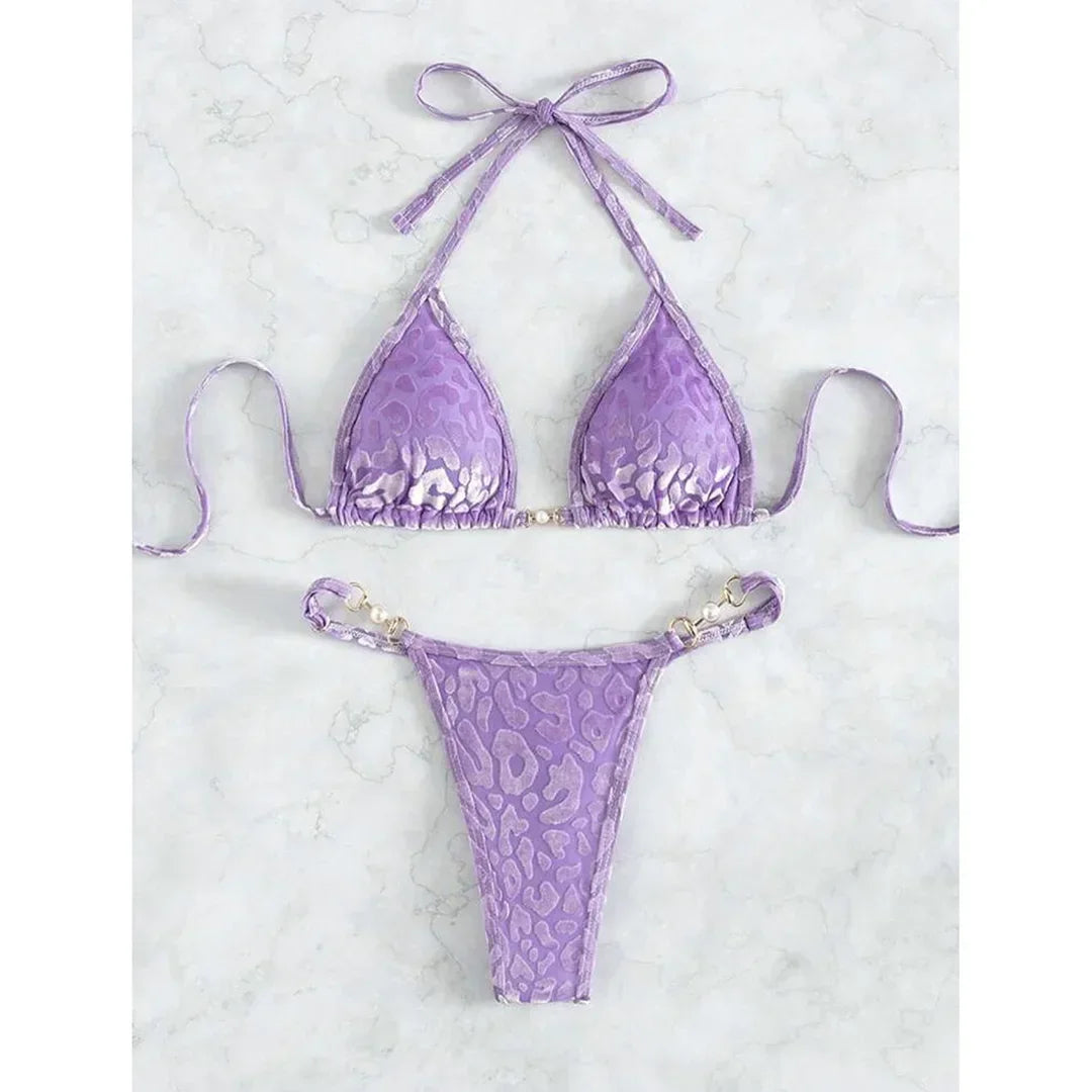 Leopard Pearl Mini Thong Bikini - Piña Colada
