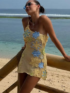 Hollow Out Floral Lace-Up Mini Dress - Piña Colada