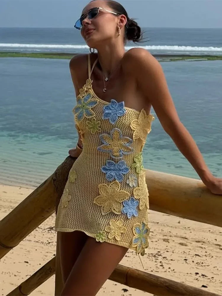 Hollow Out Floral Lace-Up Mini Dress - Piña Colada