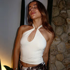 Women'S Solid Color Hanging Neck Tie Hollow Out Metal Ring Strapless - Piña Colada