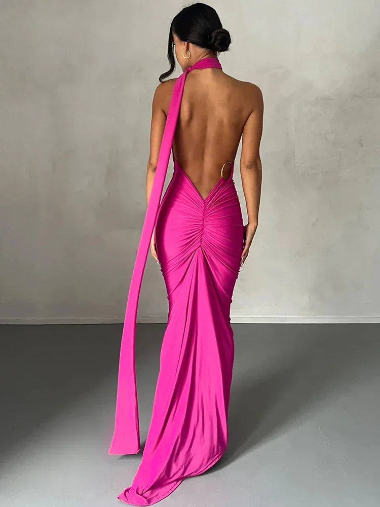 One Shoulder Backless Adjustable Scarf Maxi Dress - Piña Colada