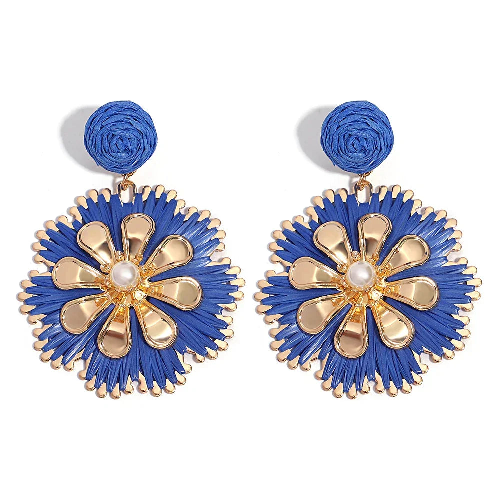 Rattan Plaited Flower Design Pearl Earrings - Piña Colada