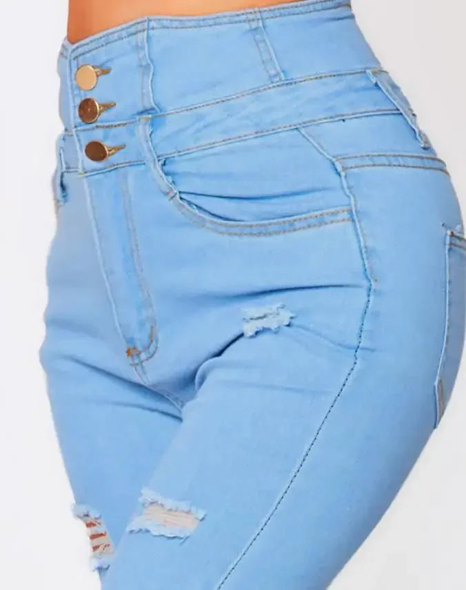 Distressed High Waist Skinny Jeans – Bleach Wash Denim Look - Piña Colada