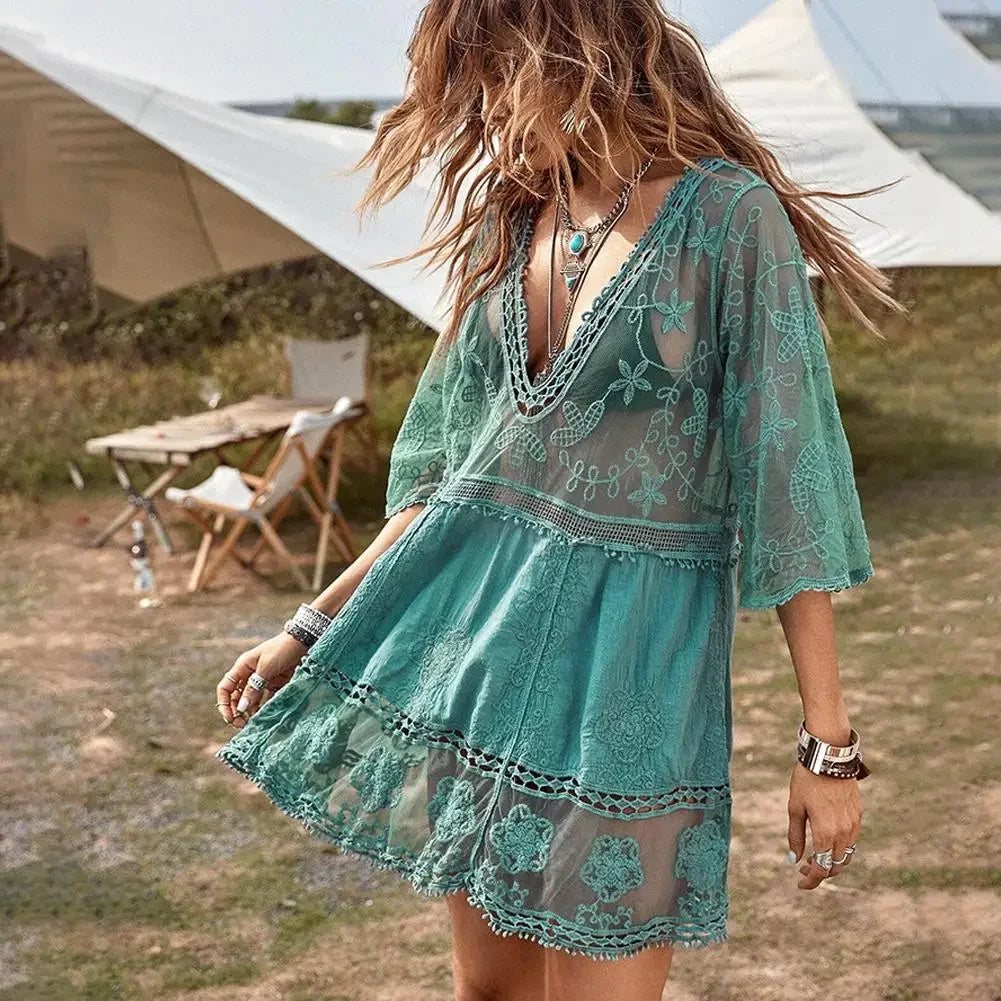 Bikini Cover-up Deep V-neck Short Sleeve Dress - Piña Colada