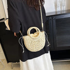 Straw Rattan Half-Moon Beach Handbag - Piña Colada