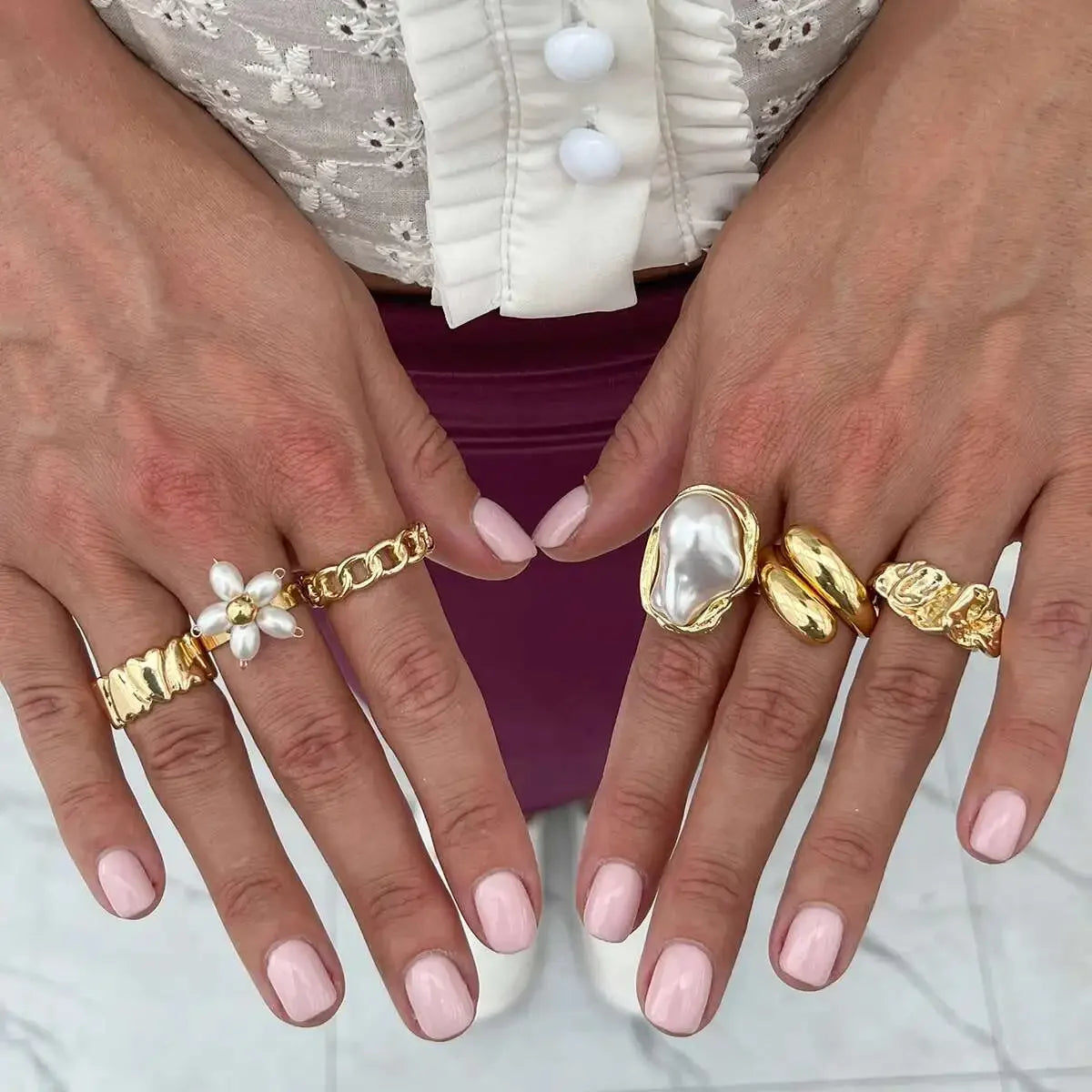 6Pcs/set Pearl Open Irregular Pleated Rings - Piña Colada