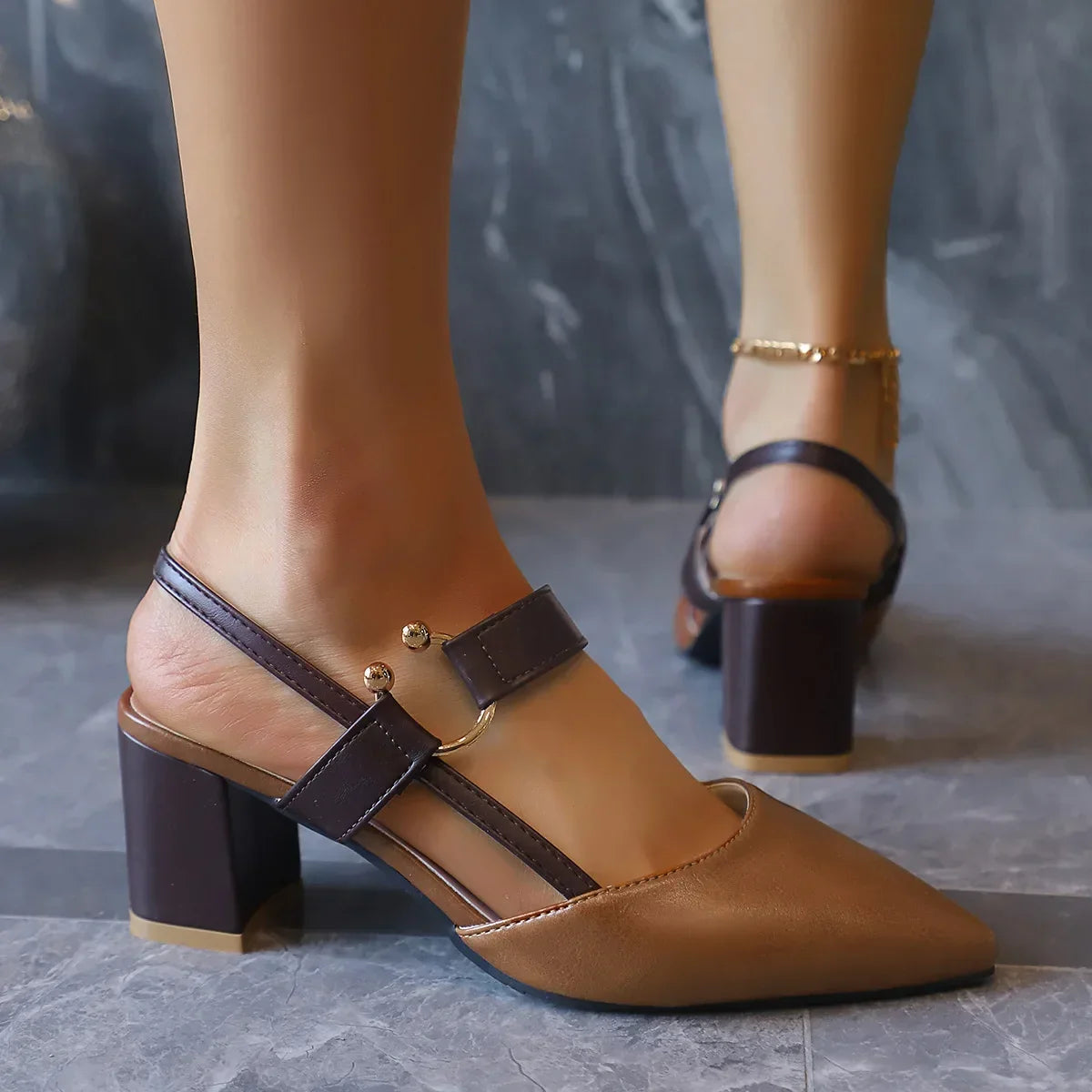 Elegant Pointed Toe Chunky Heel Sandals - Piña Colada