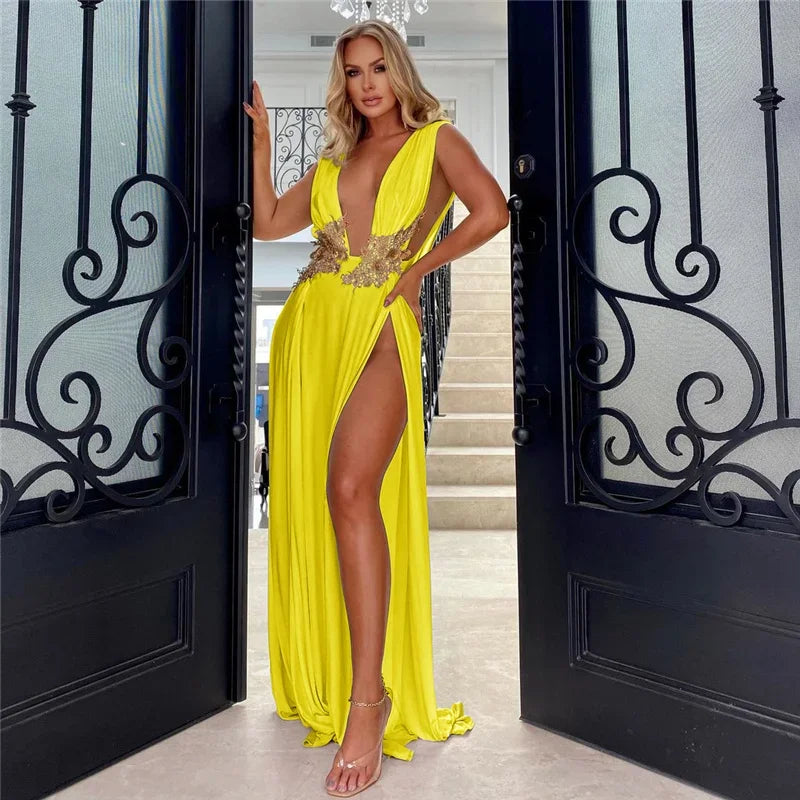 Elegant V-Neck Embroidered Maxi Dress - Piña Colada