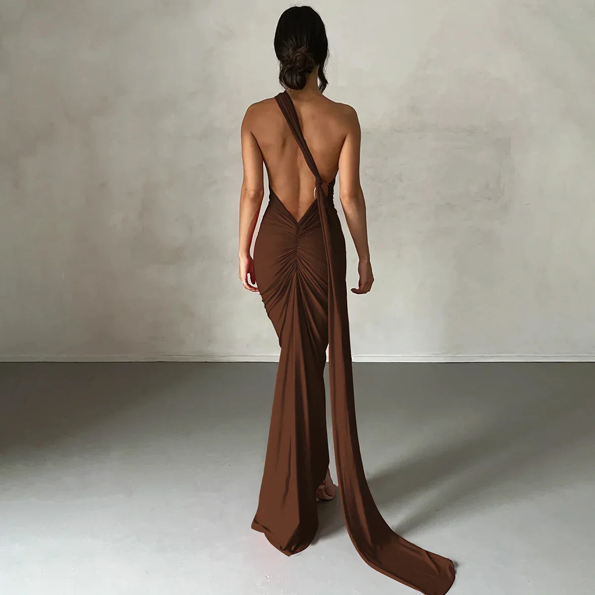 One Shoulder Backless Adjustable Scarf Maxi Dress - Piña Colada