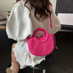 Boho Rattan Half-Moon Crossbody Bag – Handwoven Summer Straw Shoulder Purse - Piña Colada