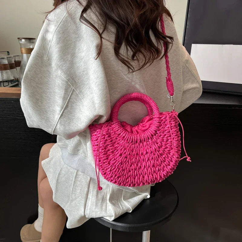 Boho Rattan Half-Moon Crossbody Bag – Handwoven Summer Straw Shoulder Purse - Piña Colada