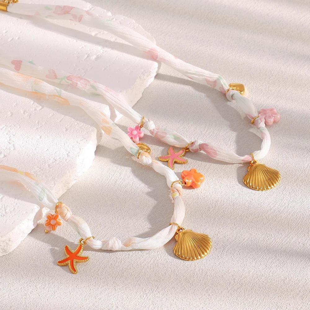 Ribbon Flower Starfish Necklace - Piña Colada