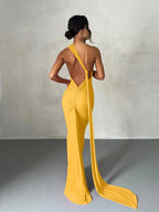 One Shoulder Backless Adjustable Scarf Maxi Dress - Piña Colada