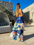 Royal Blue Draped Print V-Neck Maxi Dress - Piña Colada