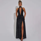 Halter Backless Silk V-neck Dress - Piña Colada
