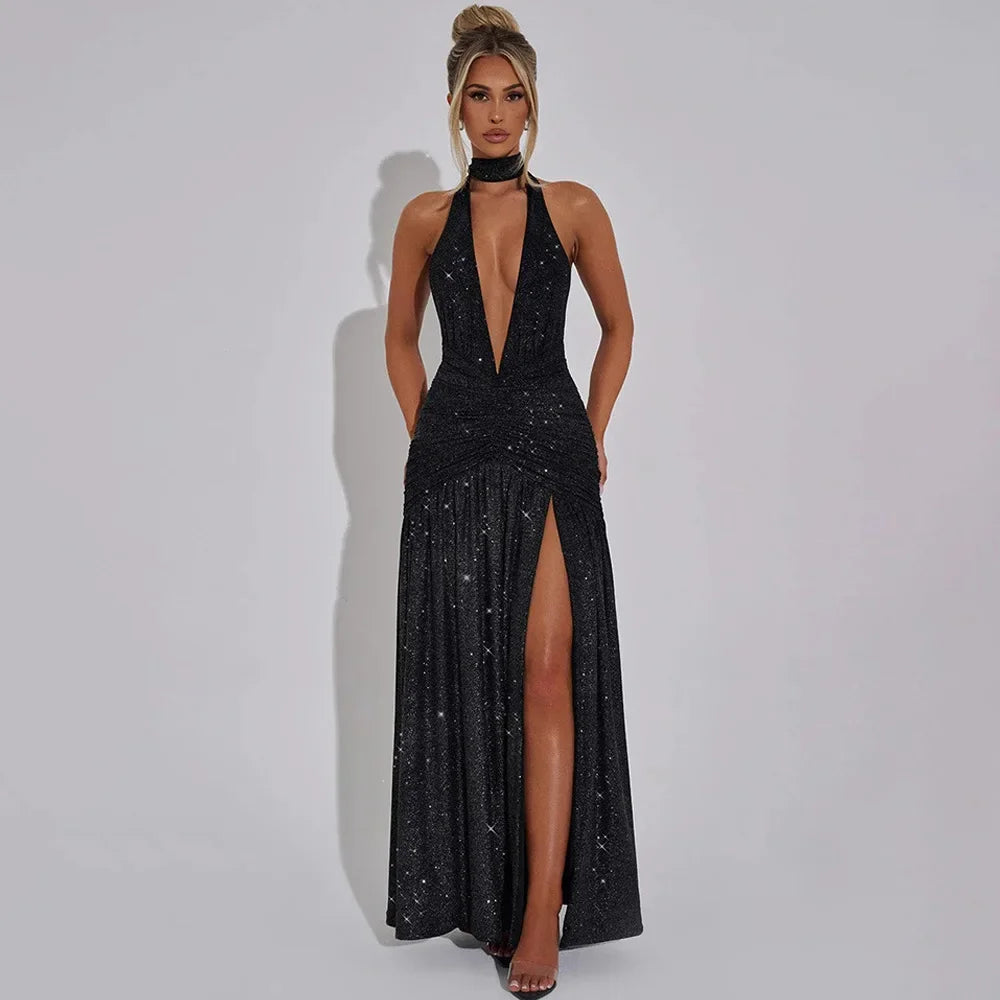 Halter Backless Silk V-neck Dress - Piña Colada