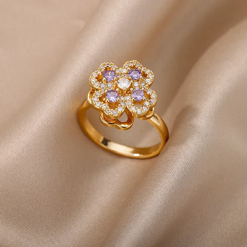 Spinner Zircon Heart Four Leaf Clover Rings - Piña Colada