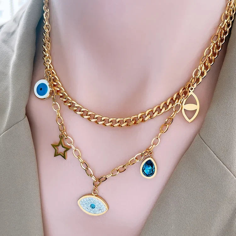 Double Layer Hollow Star & Eye Pendant Necklace - Piña Colada