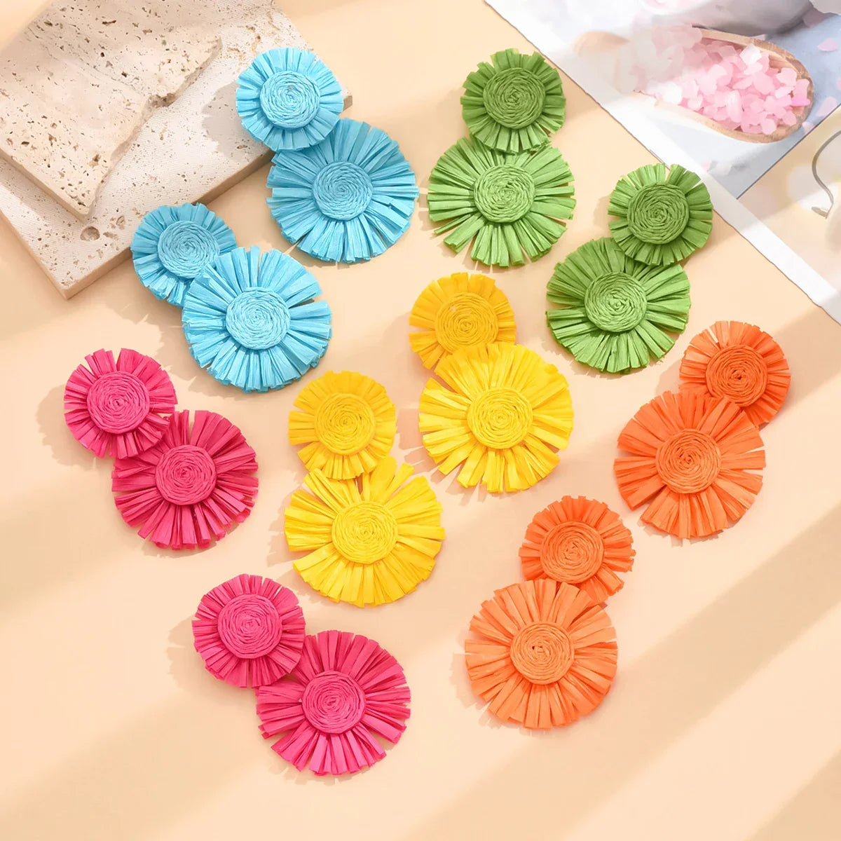 Sunflower Bohemian Hand-Woven Raffia Earrings - Piña Colada