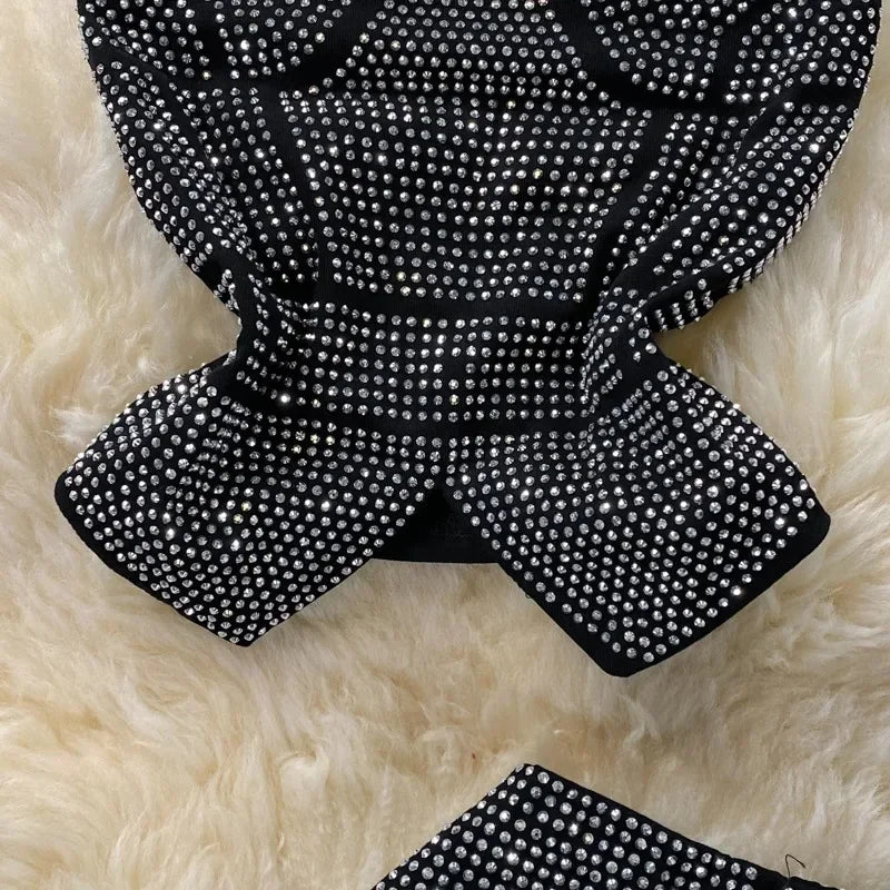 Rhinestone Slash Neck Crop Top & High Waist Pants Set - Piña Colada