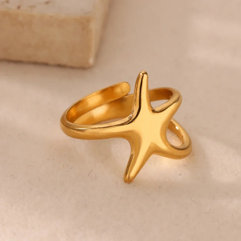 Gold Ocean Starfish & Shell Open Ring - Piña Colada