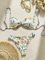 Sexy Print Laced Up Bikini 2 Piece Set - Piña Colada