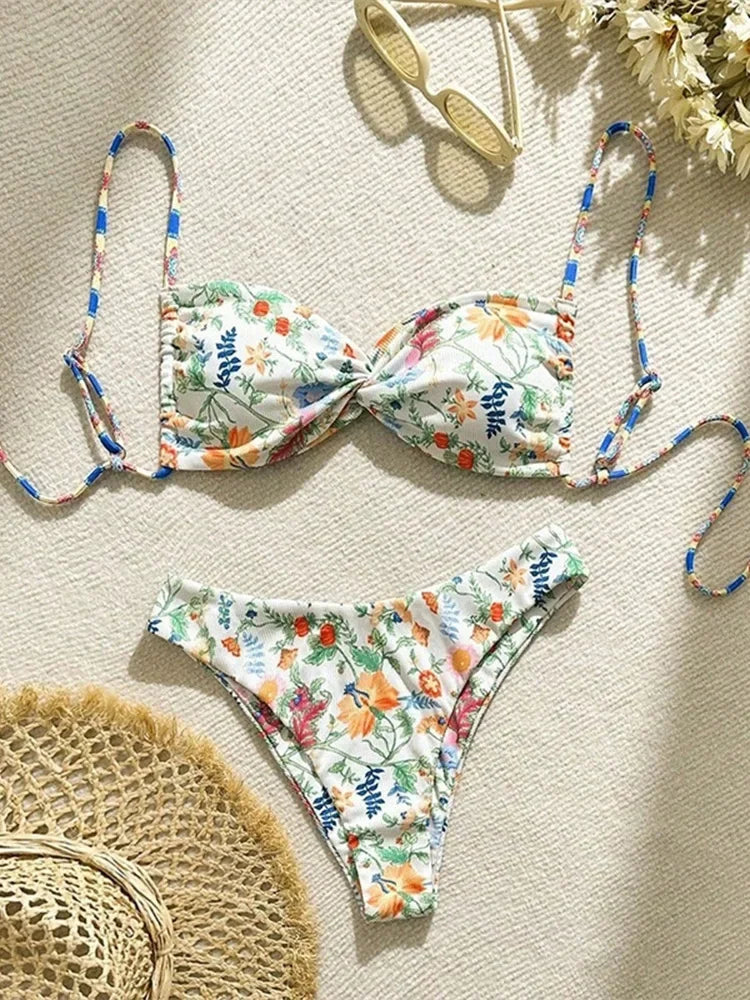 Sexy Print Laced Up Bikini 2 Piece Set - Piña Colada