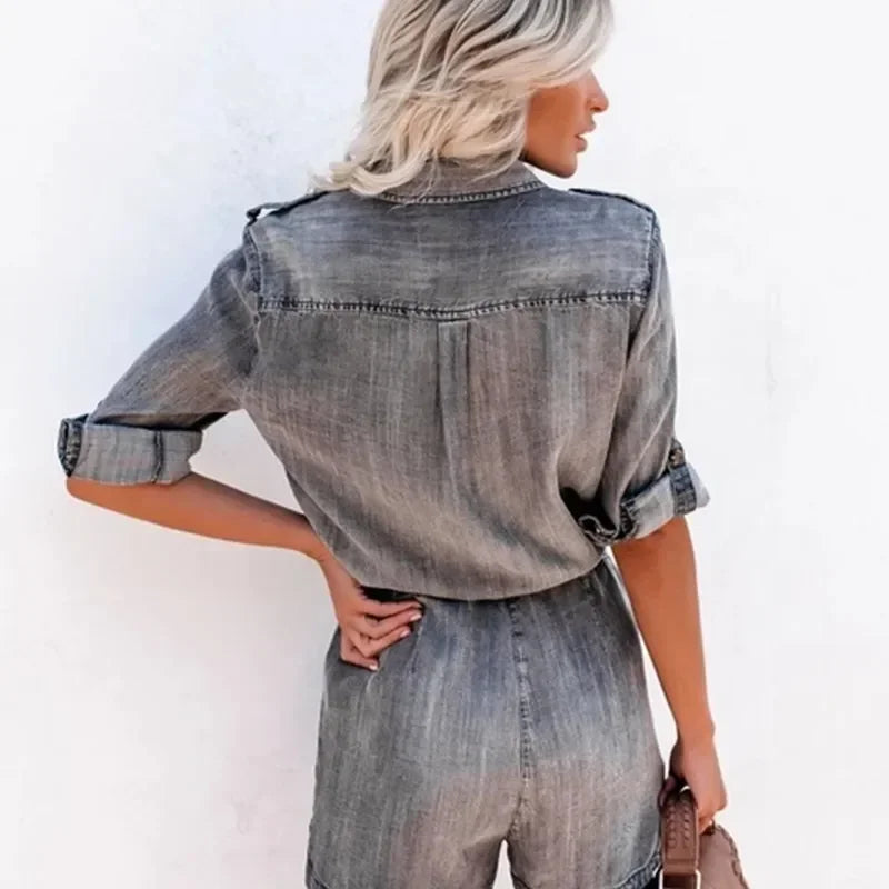 Loose-Fit Long Sleeve Denim Romper - Piña Colada