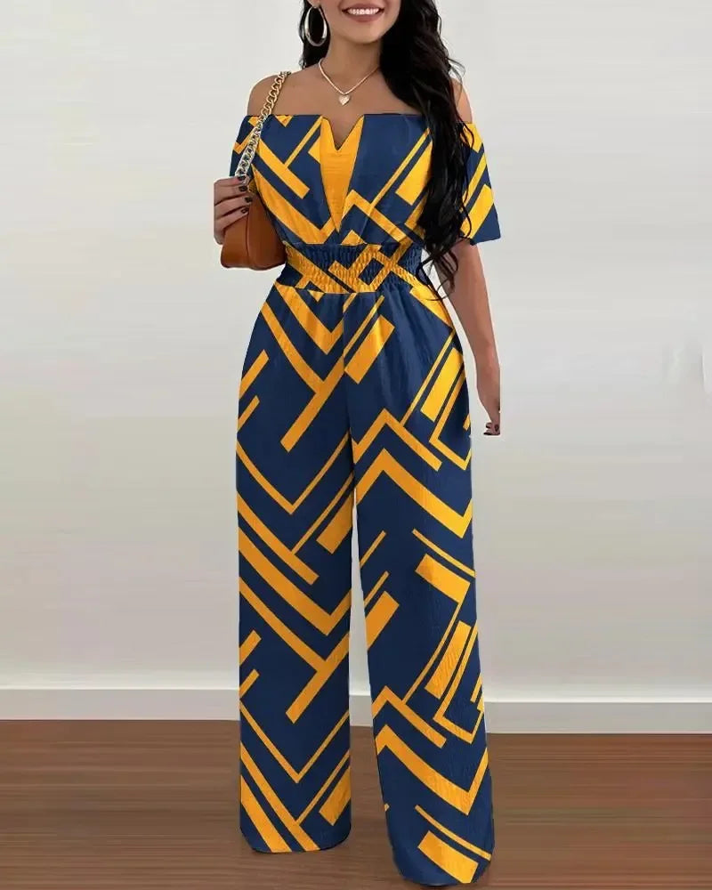 Print Wide Leg Jumpsuits Off-shoulder - Piña Colada