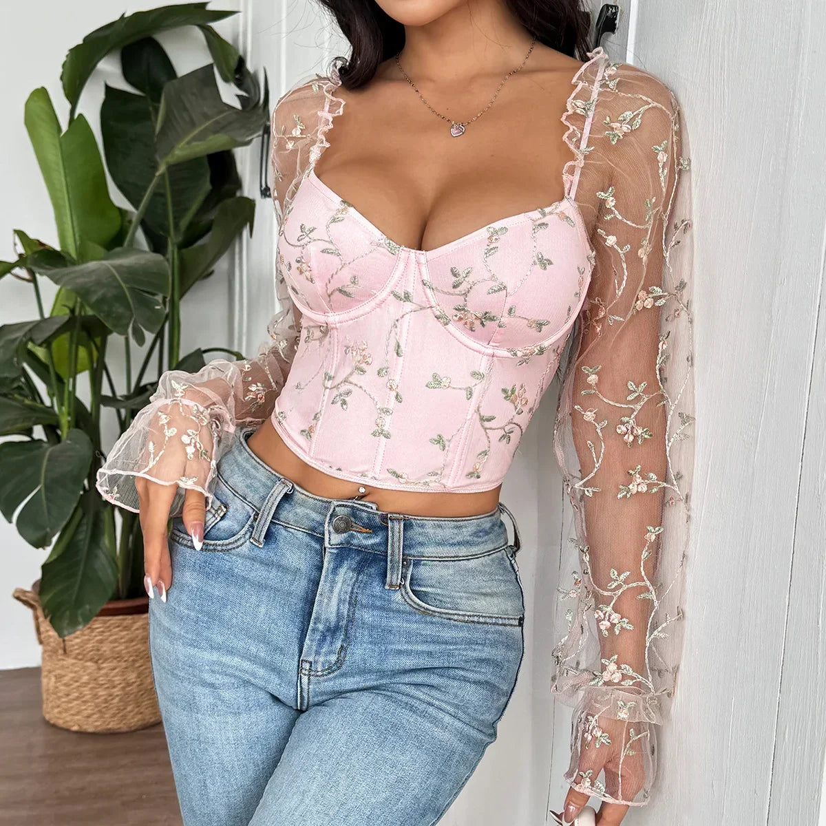 Mesh Long Sleeve Corset - Piña Colada