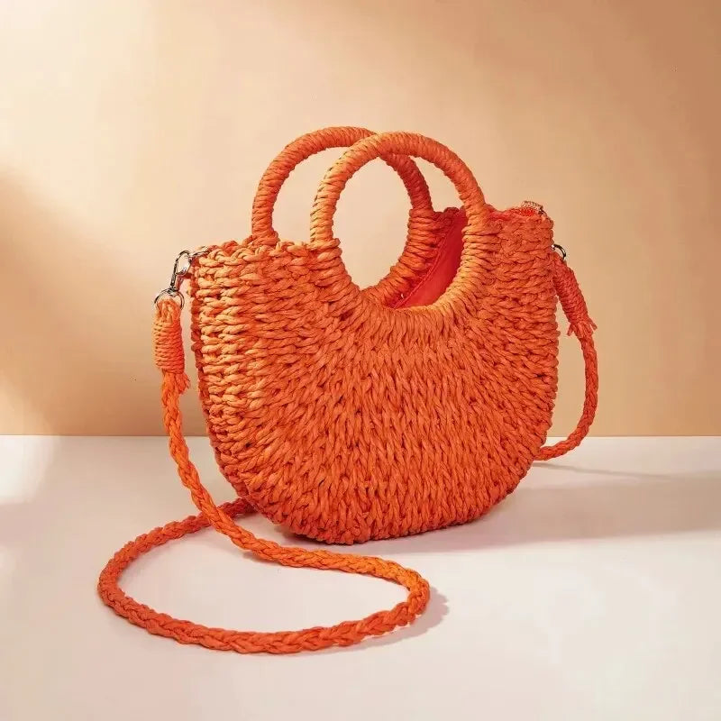Straw Rattan Half-Moon Beach Handbag - Piña Colada
