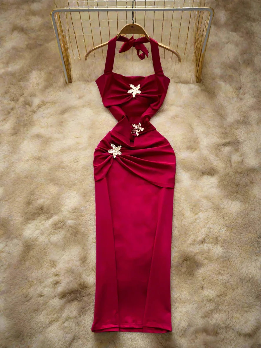 Halter Party Dress Sleeveless Metal 3D Flower - Piña Colada