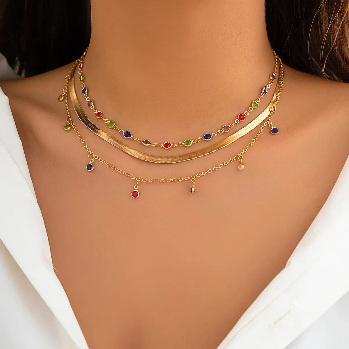 Boho Multi-Layer Gold Crystal Pendant Necklace Set - Piña Colada