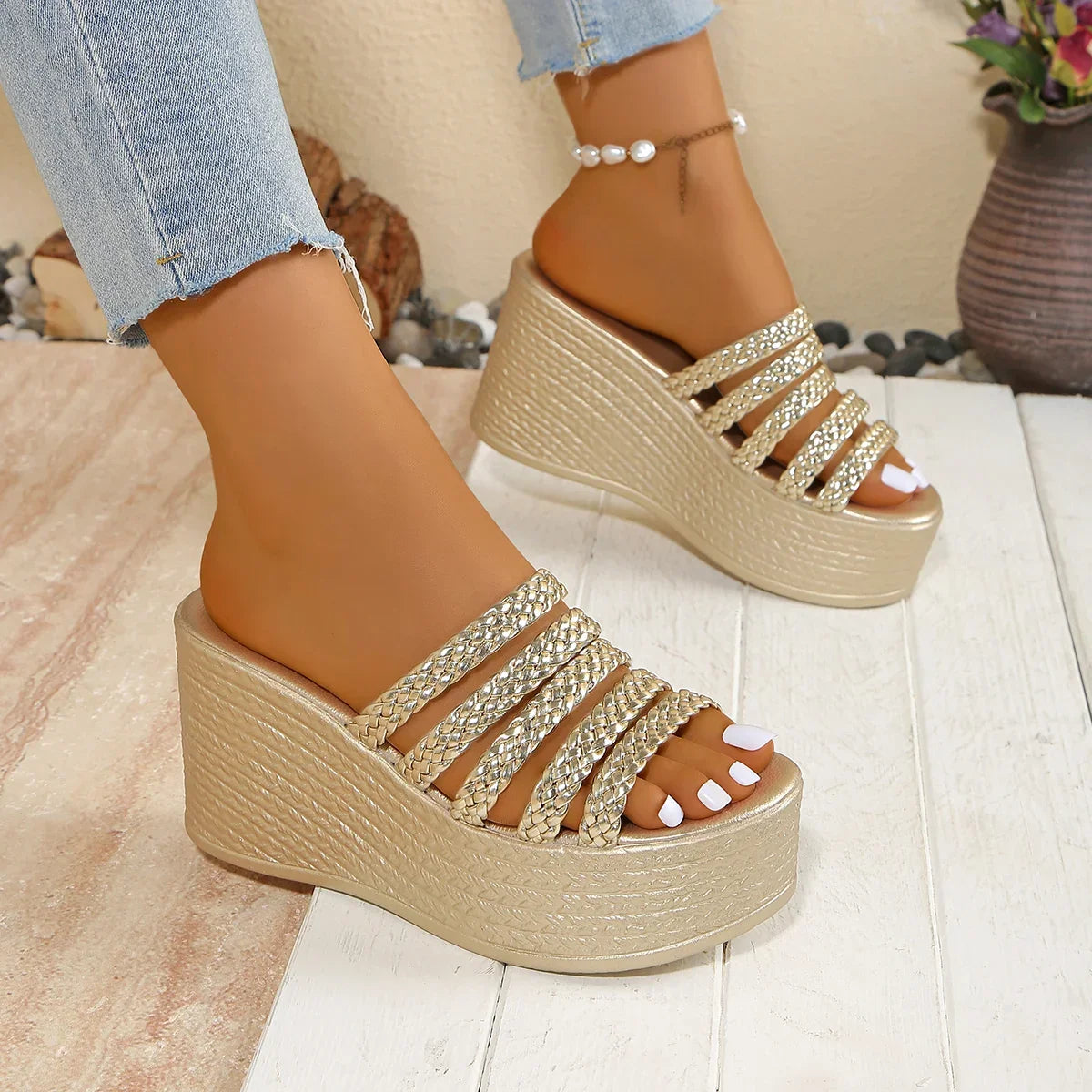 Wedge Slides 9cm High Heels - Piña Colada