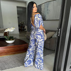 Women Leaf Printed Vintage Short Sleeve Wide Leg Jumpsuits - Piña Colada