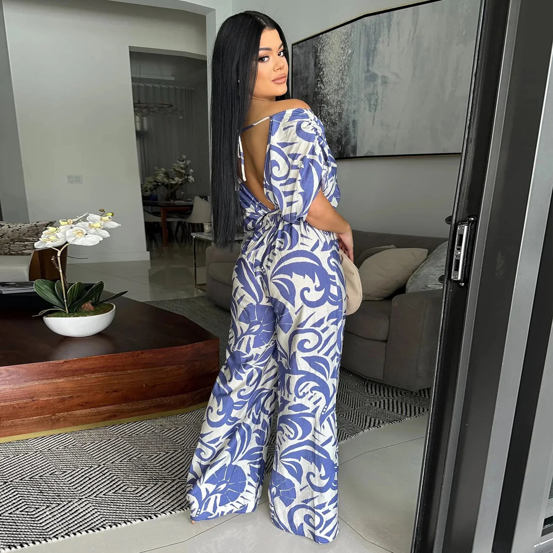 Women Leaf Printed Vintage Short Sleeve Wide Leg Jumpsuits - Piña Colada
